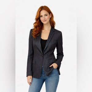 Heartloom Pinstripe Blazer Medium Navy Brown Tailored Jacket Career Chic Classic